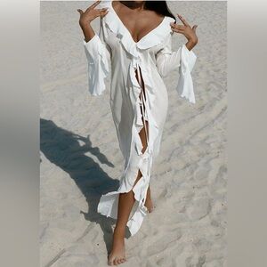 Women’s White Ruffle Beach Cover-Up Dress